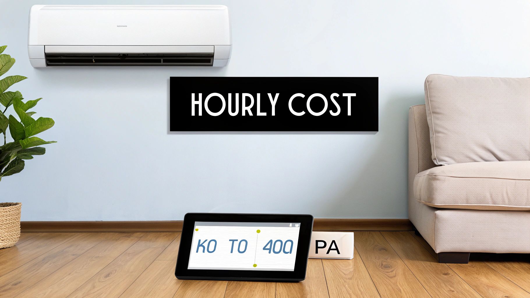 Εικόνα κλιματιστικού στον τοίχο με πινακίδα "ΩΡΙΑΙΟ ΚΟΣΤΟΣ" και ταμπλέτα που δείχνει νούμερα σχετικά με το κόστος.