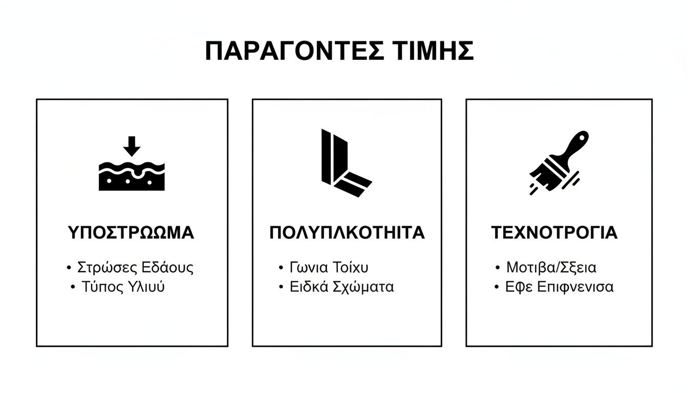 Διάγραμμα που απεικονίζει παράγοντες τιμής για κατασκευαστικές εργασίες: υπόστρωμα, πολυπλοκότητα και τεχνοτροπία με λεπτομέρειες.