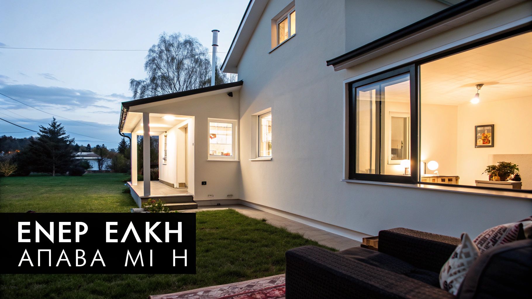 Εξωτερική άποψη ενός σύγχρονου σπιτιού με φώτα αναμμένα το σούρουπο, που αναδεικνύει την ενεργειακή του αναβάθμιση.