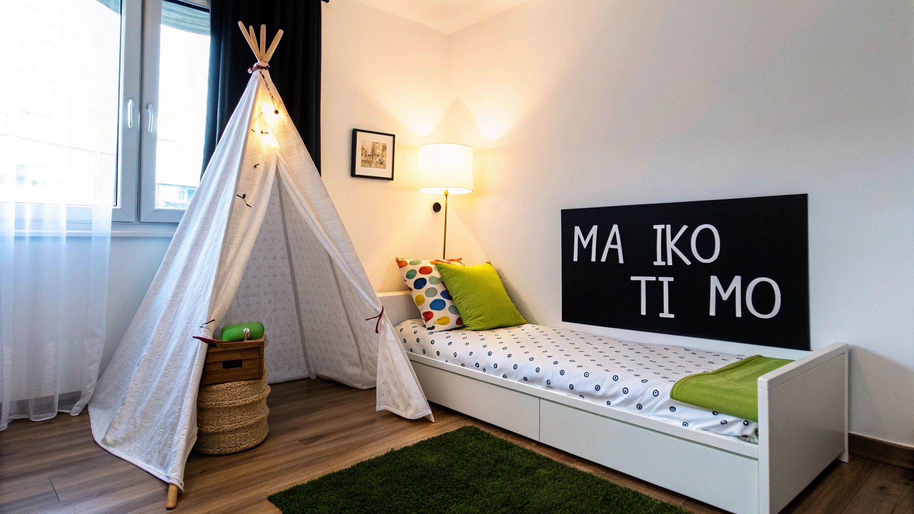 Παιδικό δωμάτιο με λευκό tipi, κρεβάτι, μαξιλάρια, επιτοίχιο φωτιστικό και διακοσμητική πινακίδα με γράμματα.
