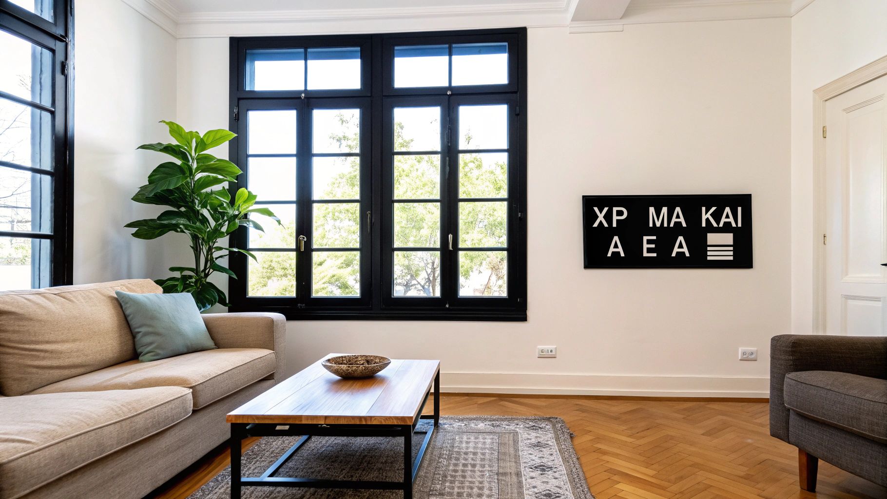 Ένα μοντέρνο σαλόνι με μπεζ καναπέ, ξύλινο τραπεζάκι, φυτό και μεγάλα παράθυρα.