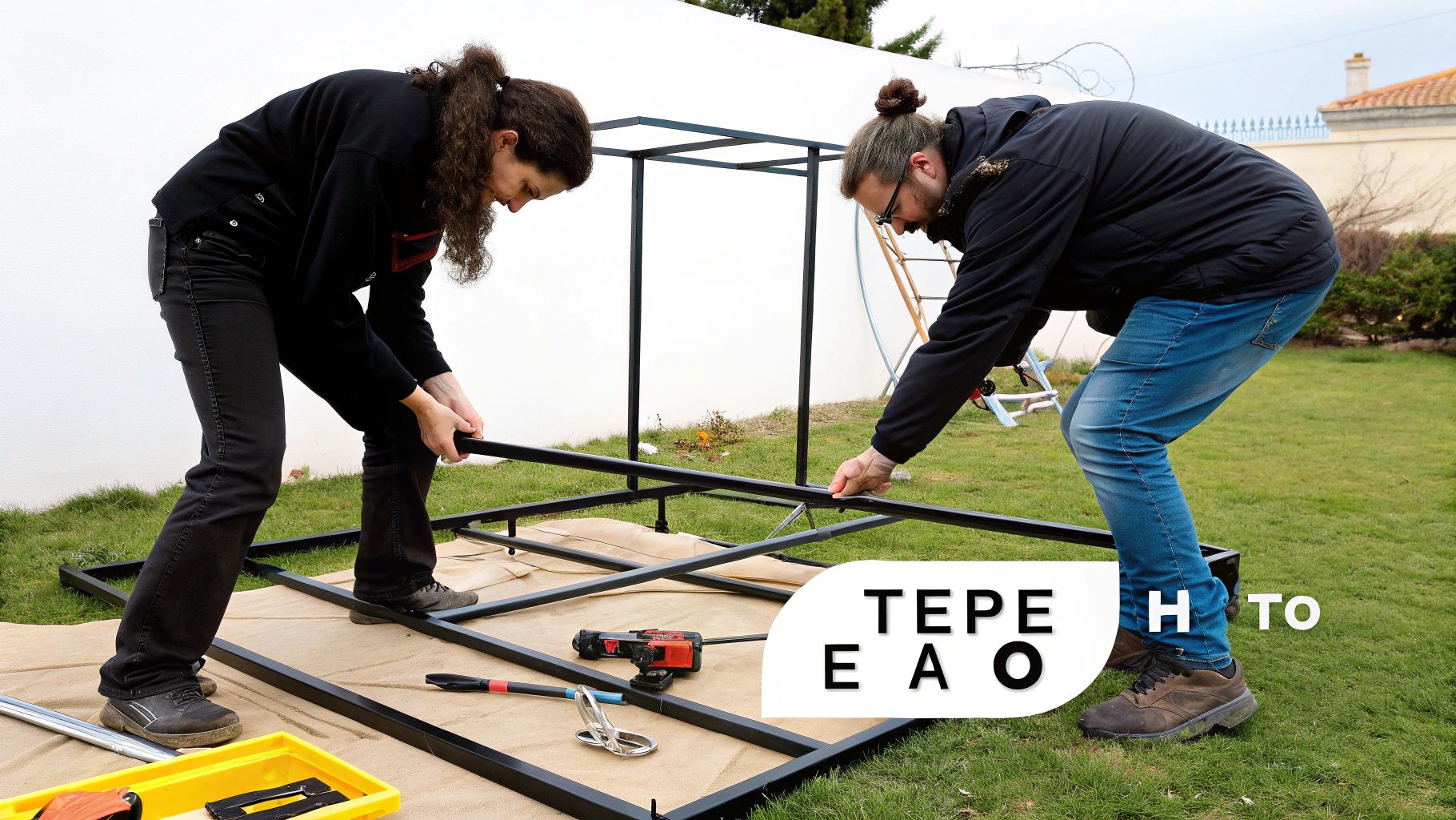 Δύο άτομα συναρμολογούν έναν μαύρο μεταλλικό σκελετό σε εξωτερικό χώρο, πιθανώς για αποθήκη κήπου.