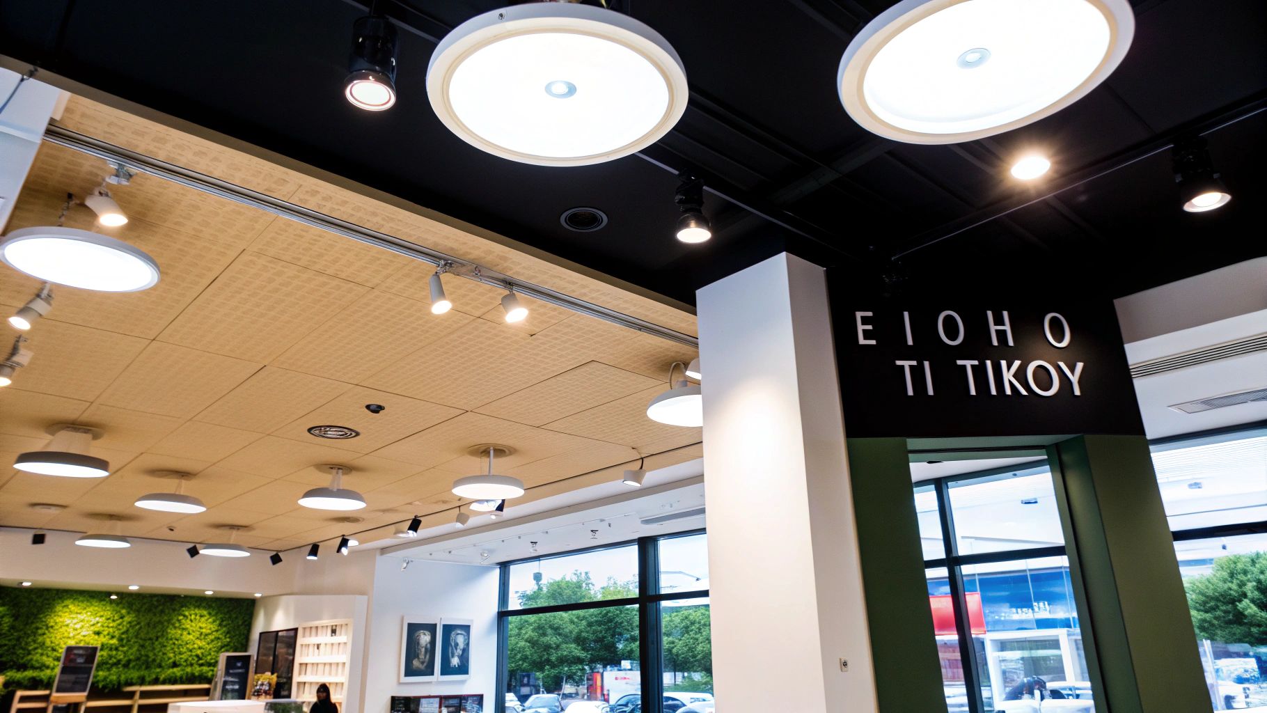 Ένας άνδρας εγκαθιστά ένα μοντέρνο φωτιστικό οροφής LED