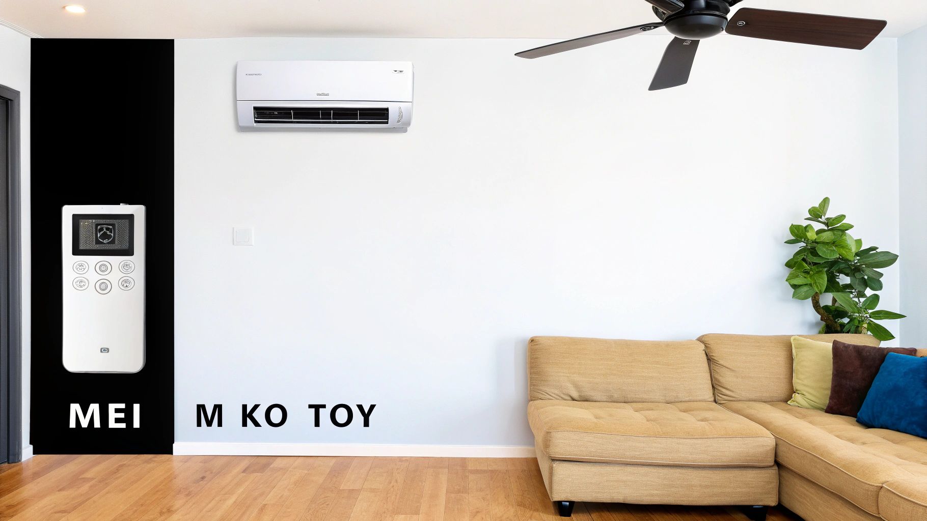 Ένα μοντέρνο σαλόνι με κλιματιστικό, ανεμιστήρα οροφής και τηλεχειριστήριο για ρύθμιση θερμοκρασίας.