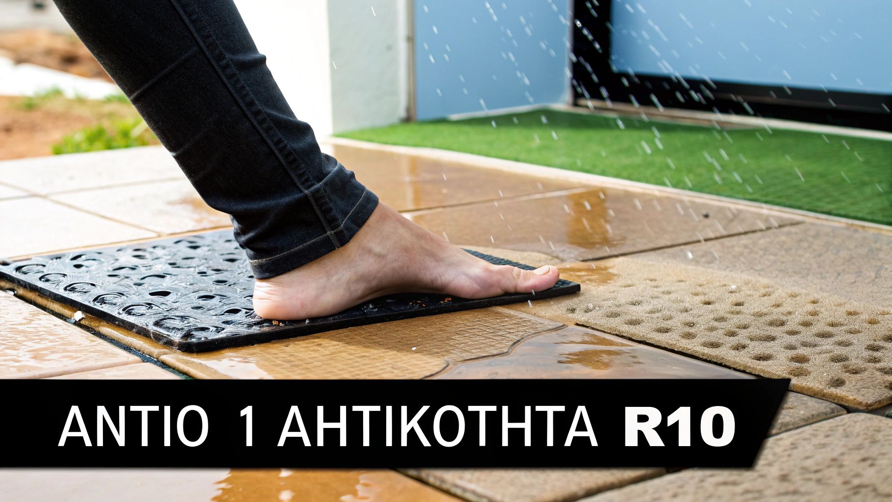 Γυμνό πόδι πατάει σε μαύρο αντιολισθητικό χαλάκι σε εξωτερικό χώρο με νερό να πέφτει.