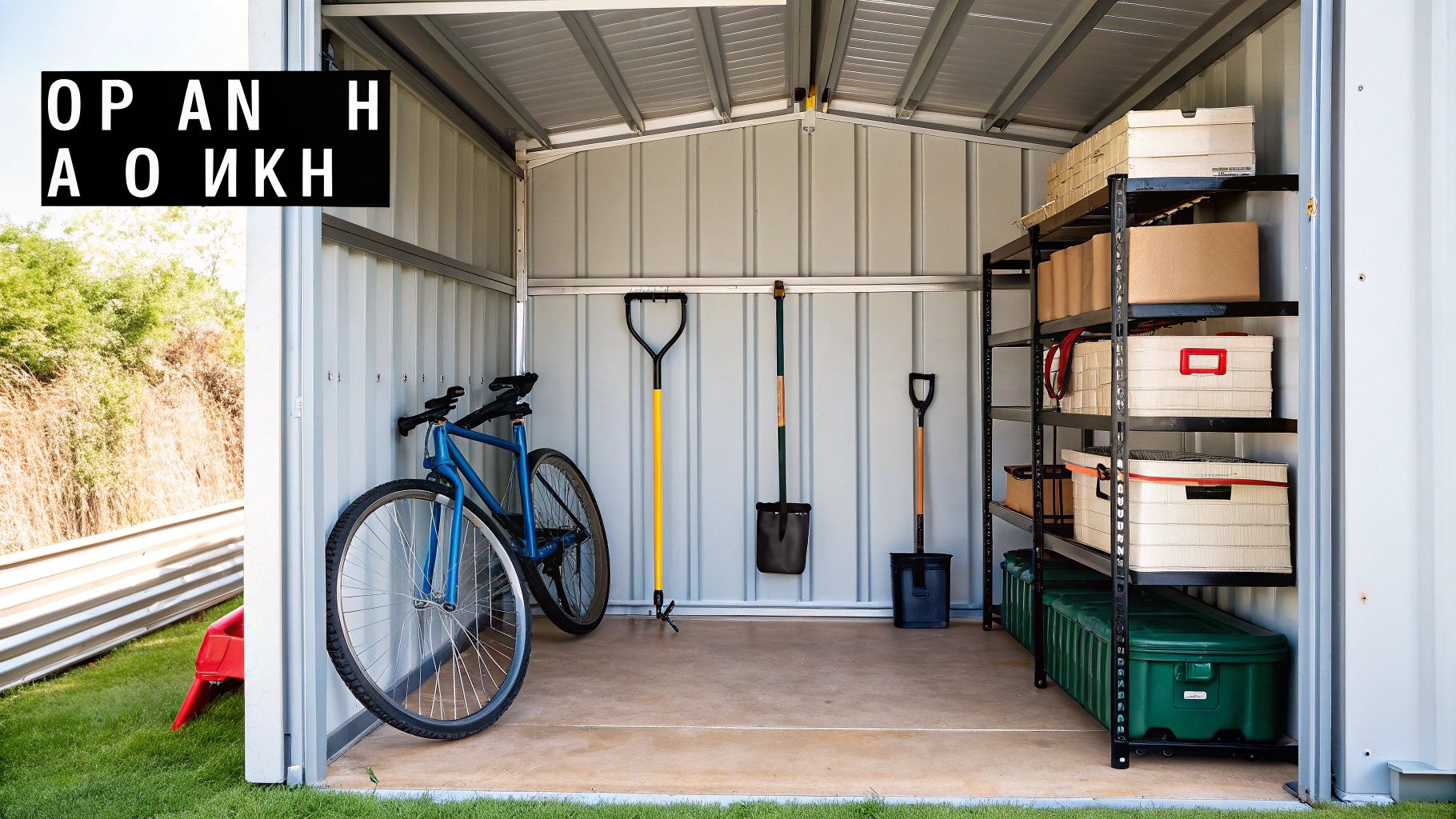 Εσωτερικό μεταλλικής αποθήκης κήπου με ποδήλατο, εργαλεία κήπου και ράφια με αποθηκευτικά κουτιά.