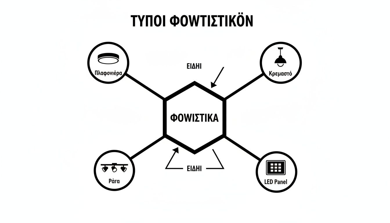 Διάγραμμα που απεικονίζει τους τύπους φωτιστικών: πλαφονιέρα, κρεμαστό, ράγα και LED Panel.