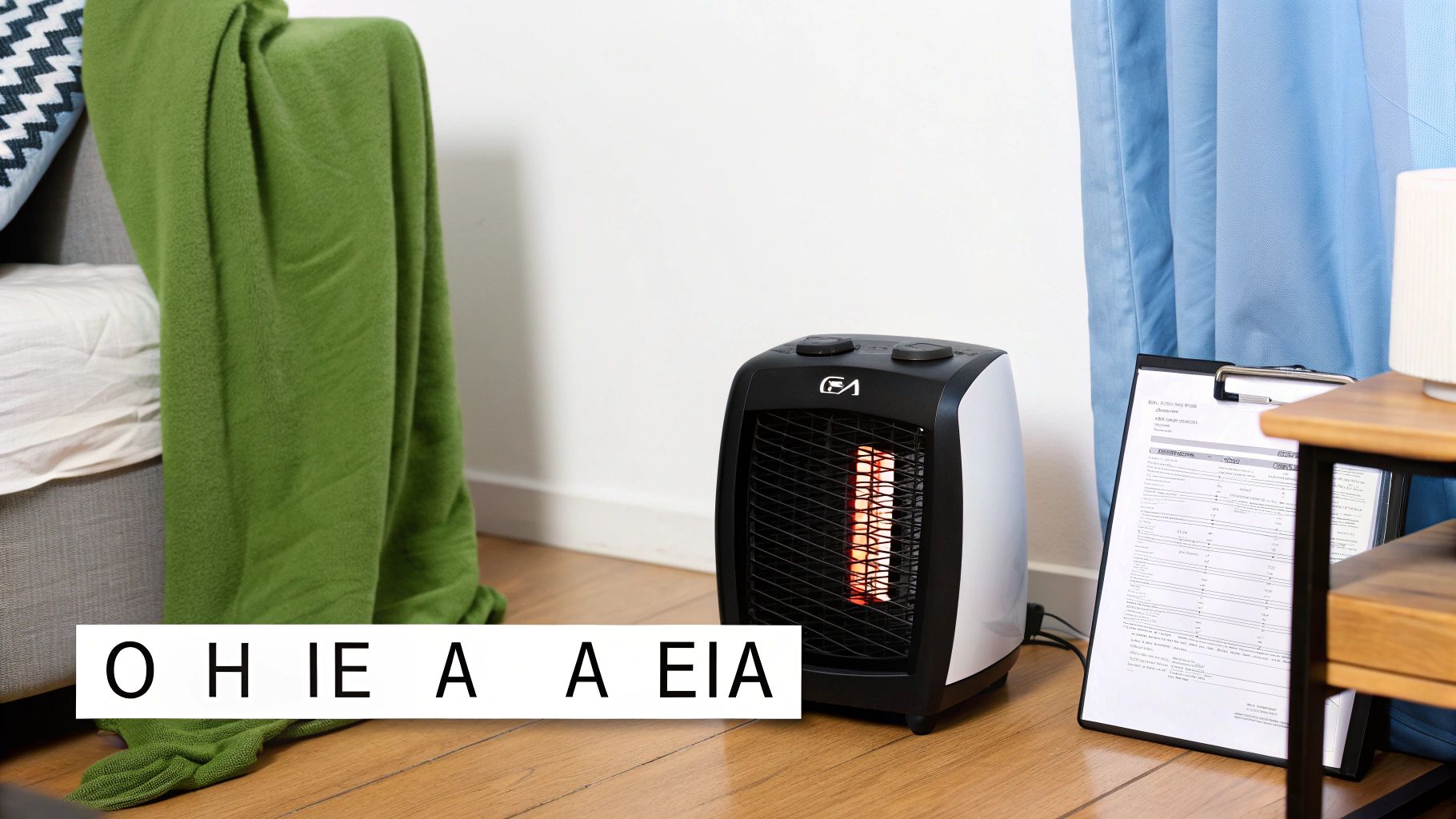 Ηλεκτρική θερμάστρα σε ξύλινο πάτωμα δίπλα σε καναπέ με πράσινη κουβέρτα και κλιπμπορν.