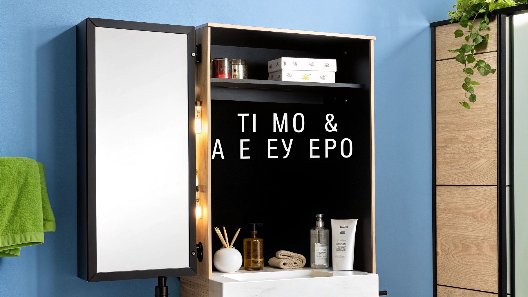 Ένα σύγχρονο κρεμαστό ντουλάπι μπάνιου με καθρέφτη και ράφια, τοποθετημένο σε μπλε τοίχο.