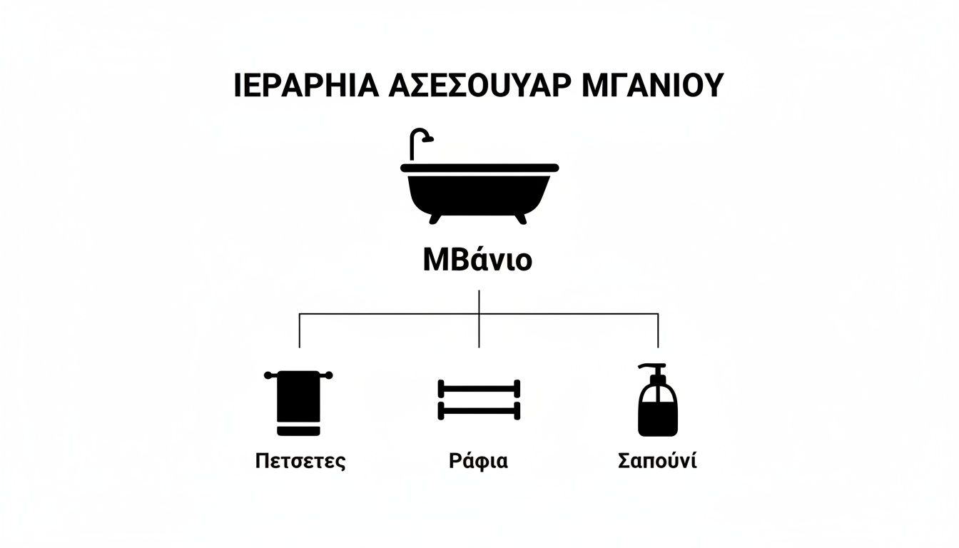 Διάγραμμα ιεραρχίας με αξεσουάρ μπάνιου: μπάνιο, πετσέτες, ράφια και σαπούνι.