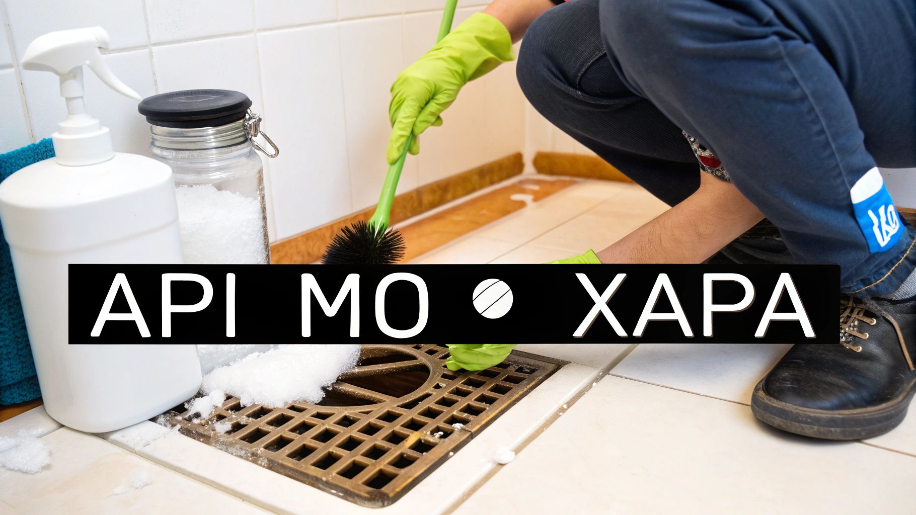 Άτομο με γάντια καθαρίζει τη σχάρα σιφονιού μπάνιου με βούρτσα και καθαριστικά.