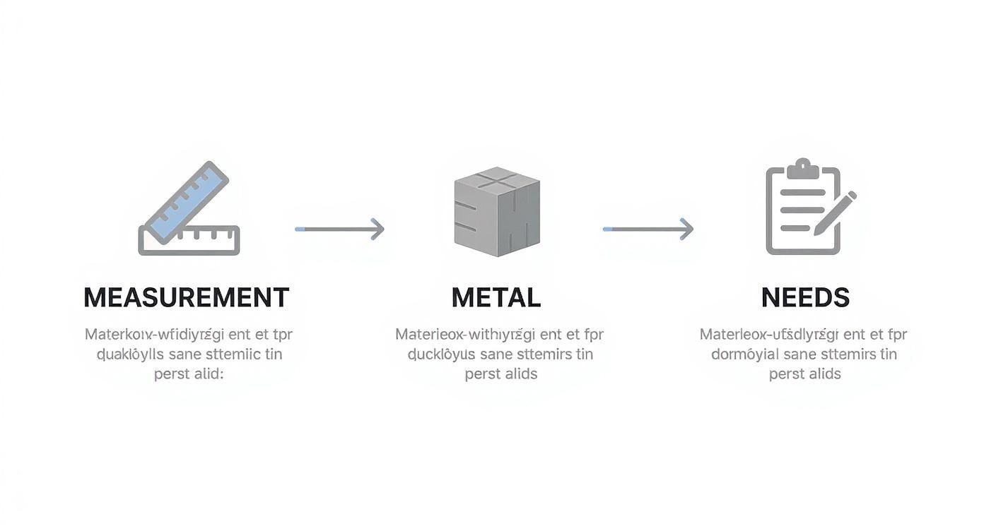 Διάγραμμα ροής με εικονίδια για τη μέτρηση, το μέταλλο και τις ανάγκες, που δείχνει μια διαδικασία.