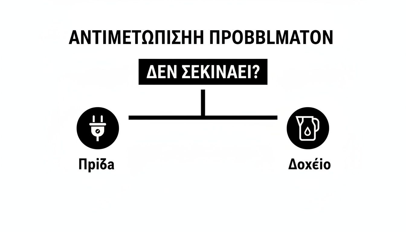 Διάγραμμα αντιμετώπισης προβλημάτων, ρωτώντας αν η συσκευή δεν ξεκινάει, με επιλογές πρίζα ή δοχείο.