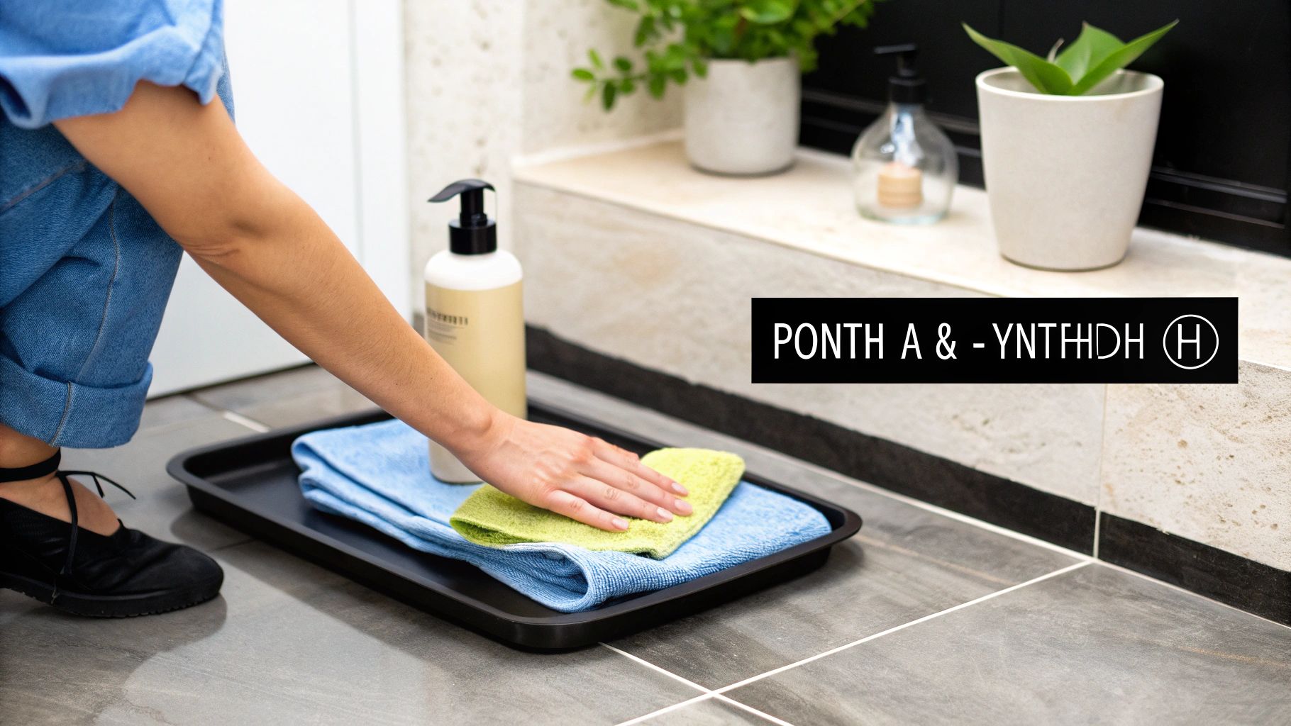 Άτομο με τζιν σκύβει για να πιάσει πανιά και σαπούνι σε δίσκο, σε δάπεδο με πλακάκια, με φυτά στο βάθος.