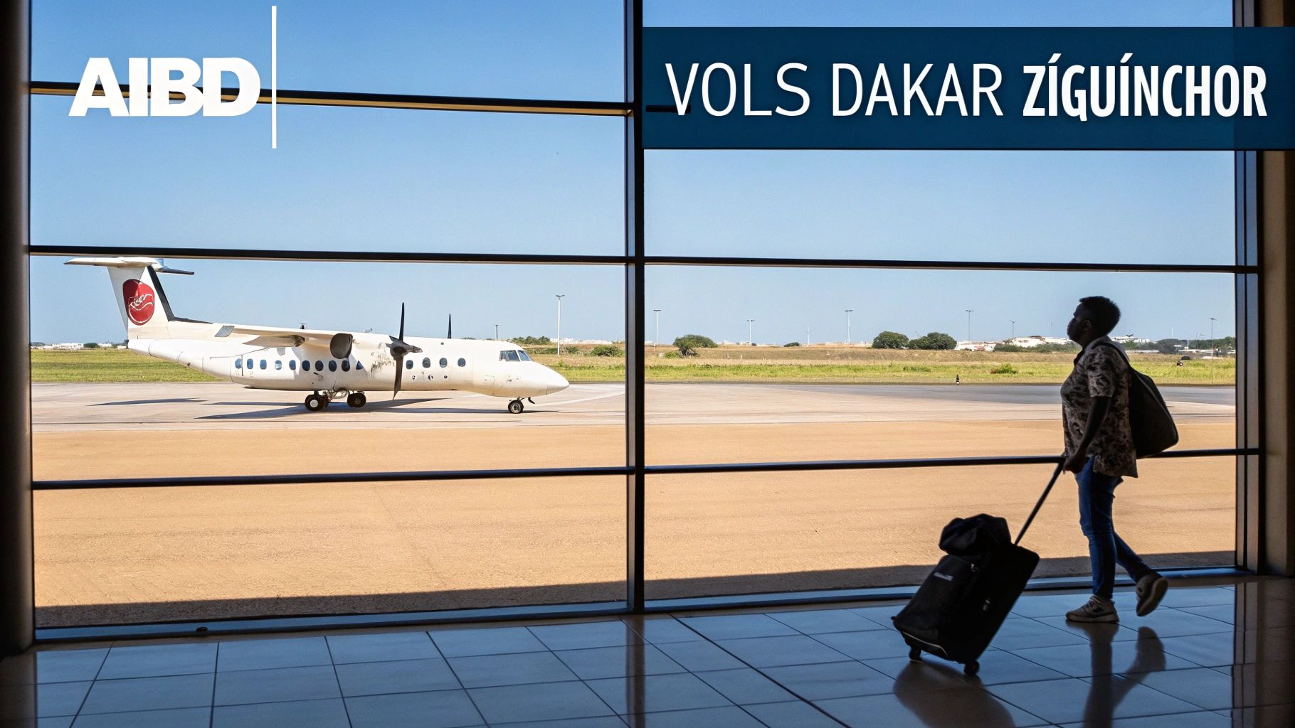 Un passager à l'aéroport AIBD regarde un avion sur le tarmac, avec le texte 'VOLS DAKAR ZIGUINCHOR'.