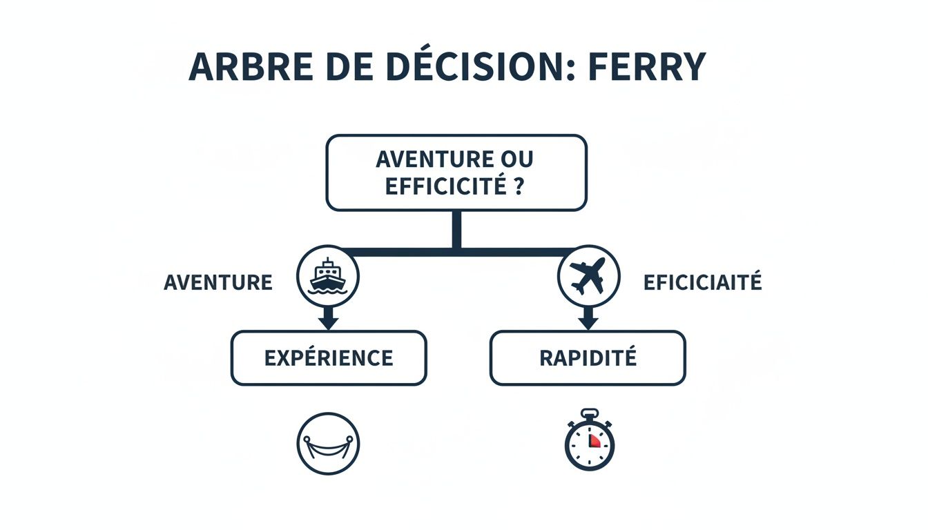 Diagramme d'arbre de décision comparant l'aventure (ferry, expérience) et l'efficacité (avion, rapidité) pour le voyage.