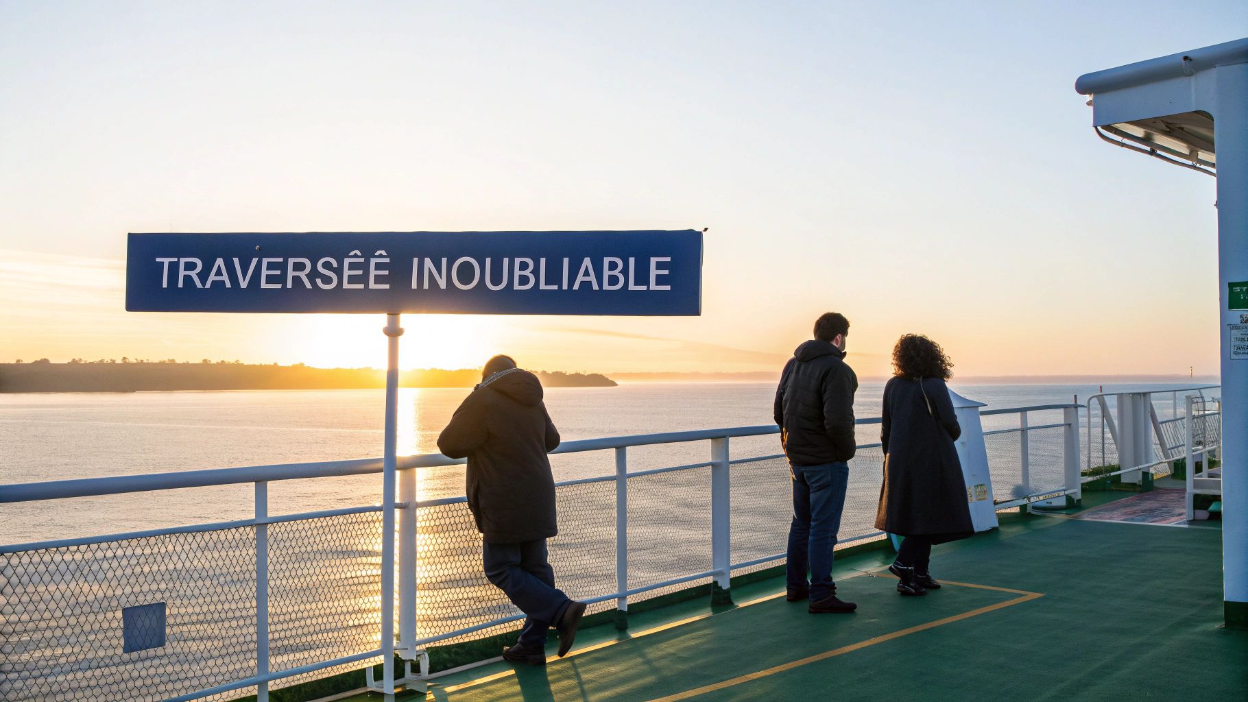Des passagers sur un ferry au coucher du soleil, admirant la mer sous un panneau "Traversée Inoubliable".