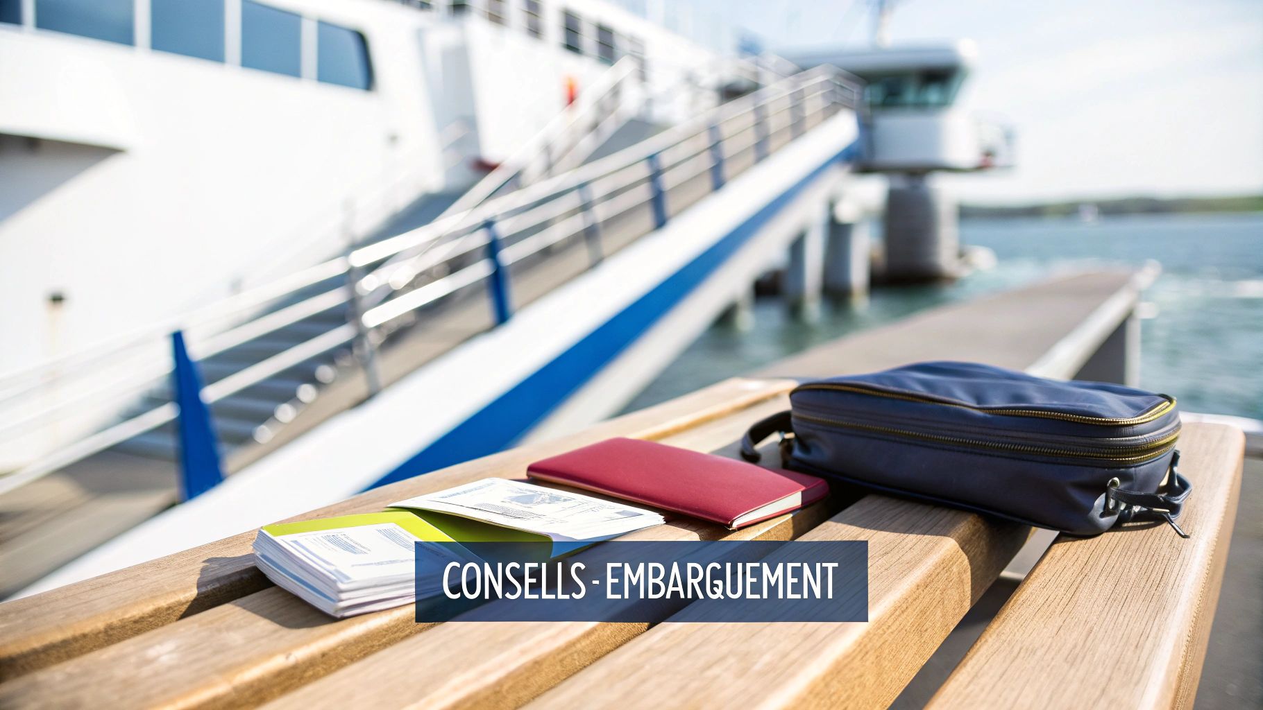 Documents de voyage et petit sac posés sur un banc en bois, avec un ferry et sa passerelle au loin, illustrant des conseils d'embarquement.