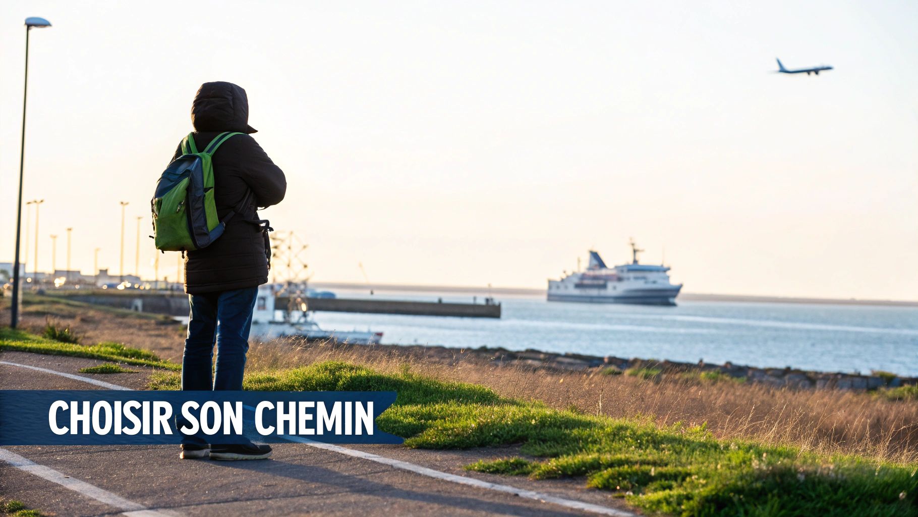 Une personne avec un sac à dos regarde la mer, un bateau et un avion, symbolisant le voyage et les choix de chemin.