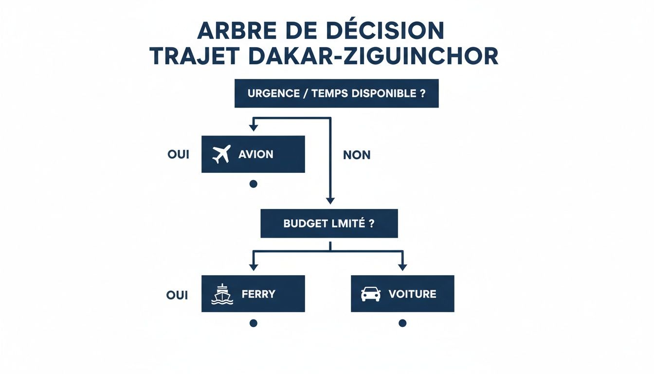Arbre de décision pour le trajet Dakar-Ziguinchor, offrant des options de transport (avion, ferry, voiture) selon l'urgence et le budget.