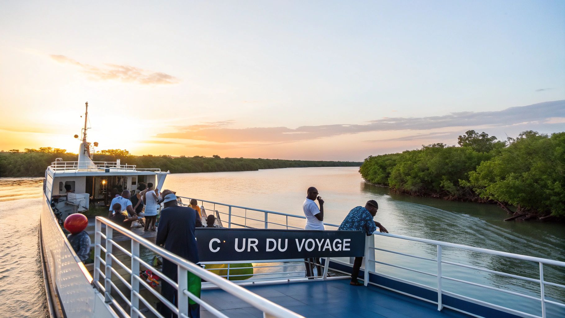 Ferry avec passagers sur une rivière au coucher du soleil, bordée d'arbres luxuriants.