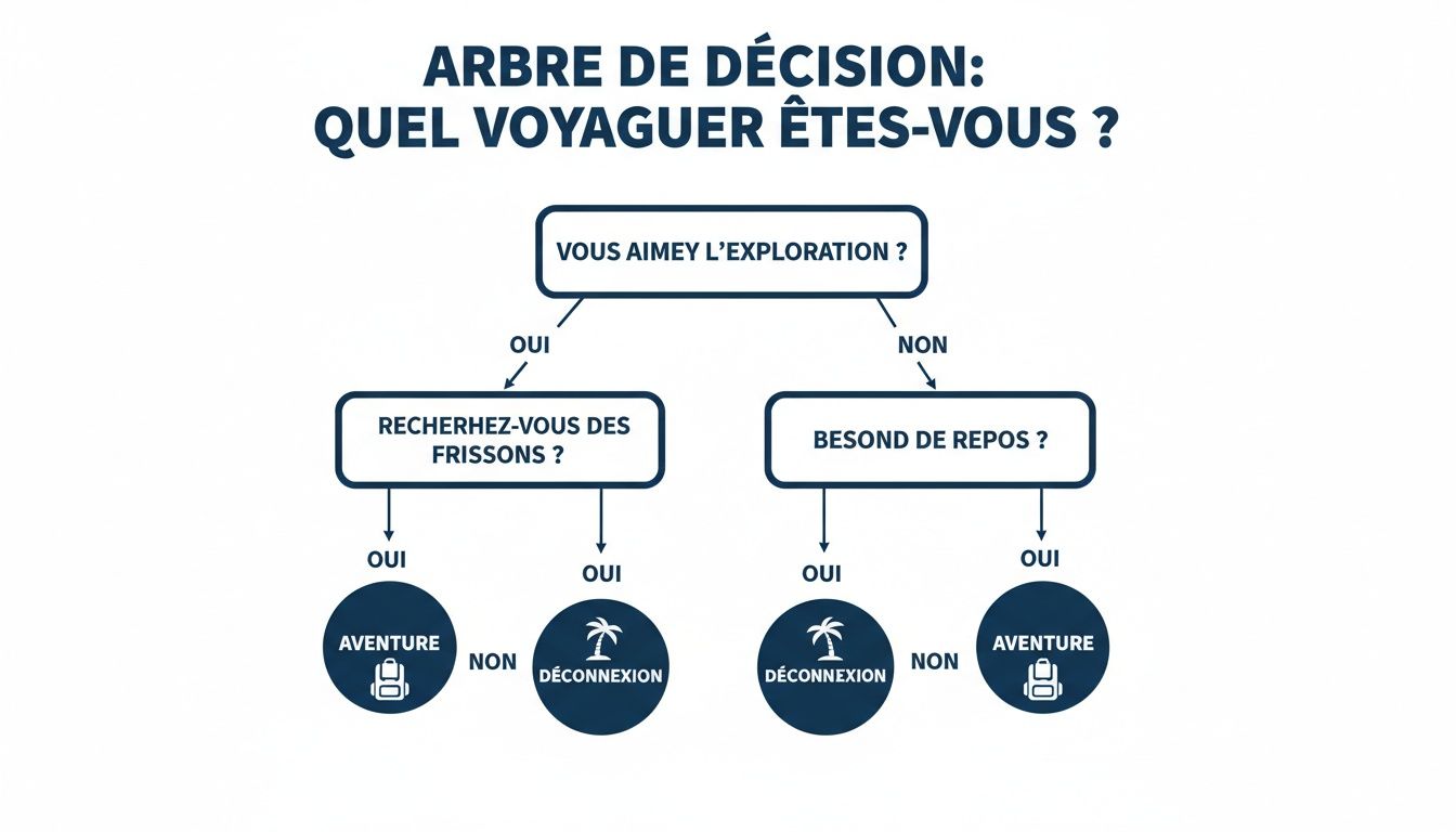 Diagramme d'arbre de décision pour identifier votre profil de voyageur idéal : aventure ou déconnexion.