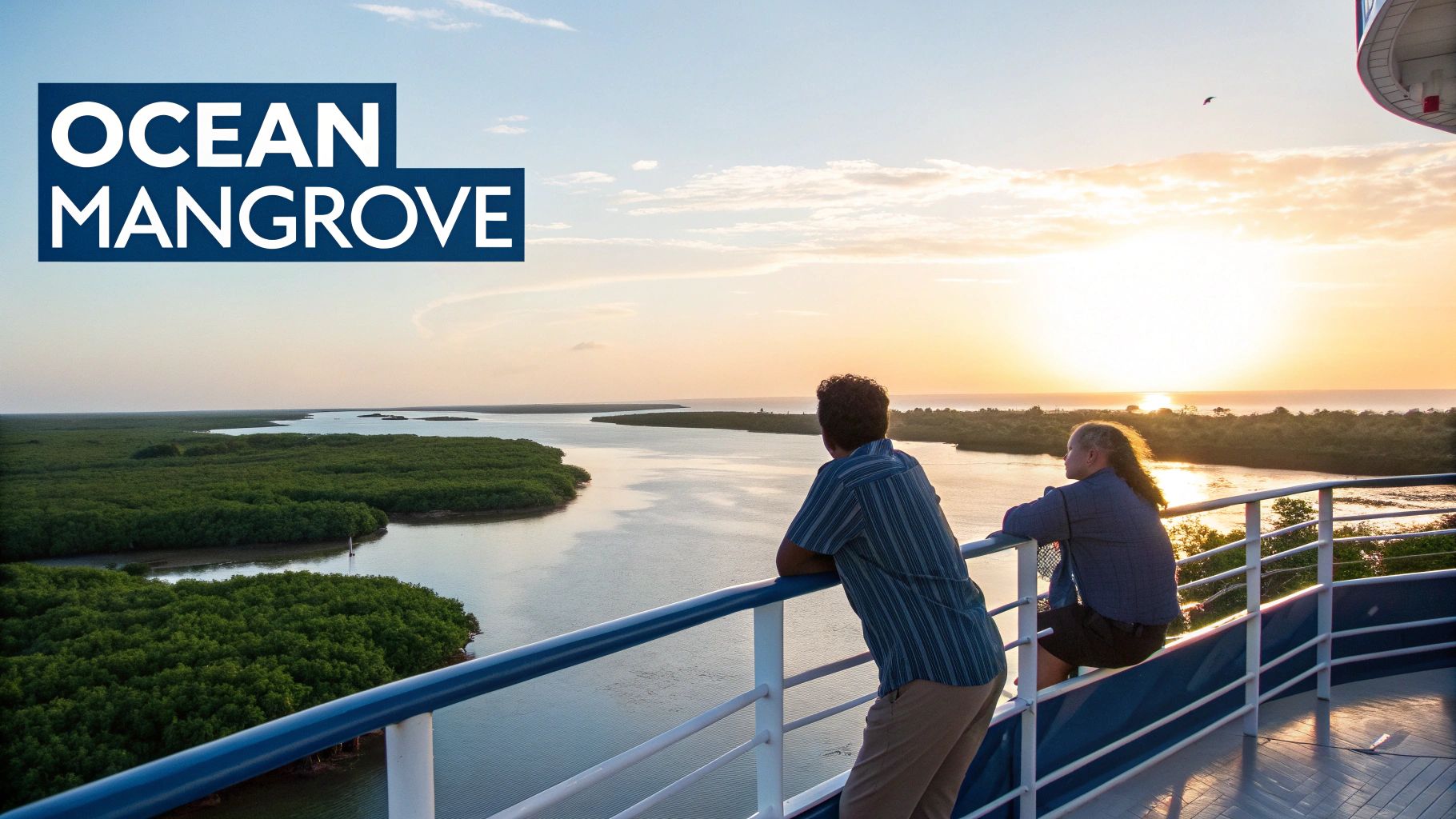 Deux personnes sur un bateau observant un magnifique coucher de soleil sur une rivière bordée de mangroves luxuriantes.