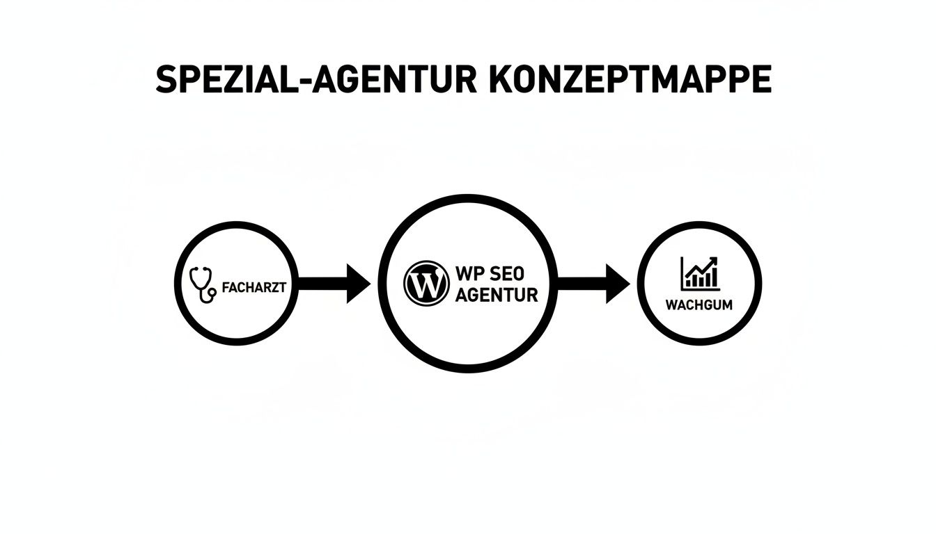 Konzeptkarte zeigt den Weg vom Facharzt über eine WP SEO Agentur zu geschäftlichem Wachstum.