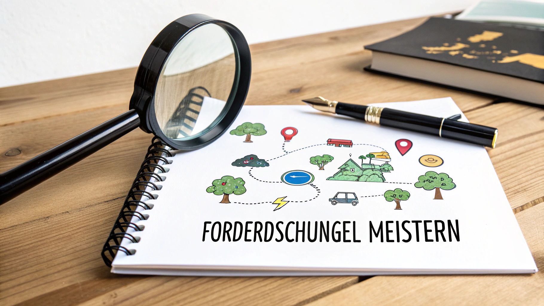 Notizbuch mit Illustration eines Förderdschungels und der Aufschrift 'FORDERDSCHUNGEL MEISTERN', daneben Lupe und Stift.