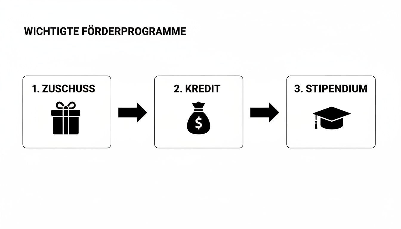 Übersicht der wichtigen Förderprogramme: Zuschuss (Geschenk), Kredit (Geldsack) und Stipendium (Doktorhut).