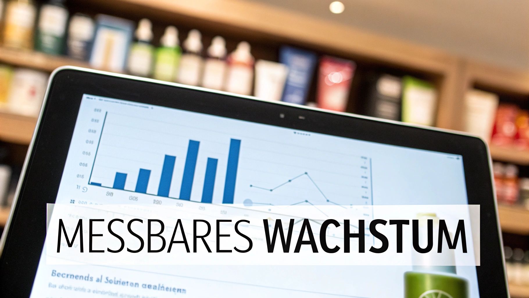 Tablet zeigt Diagramme für messbares Wachstum, mit Produkten im verschwommenen Hintergrund.