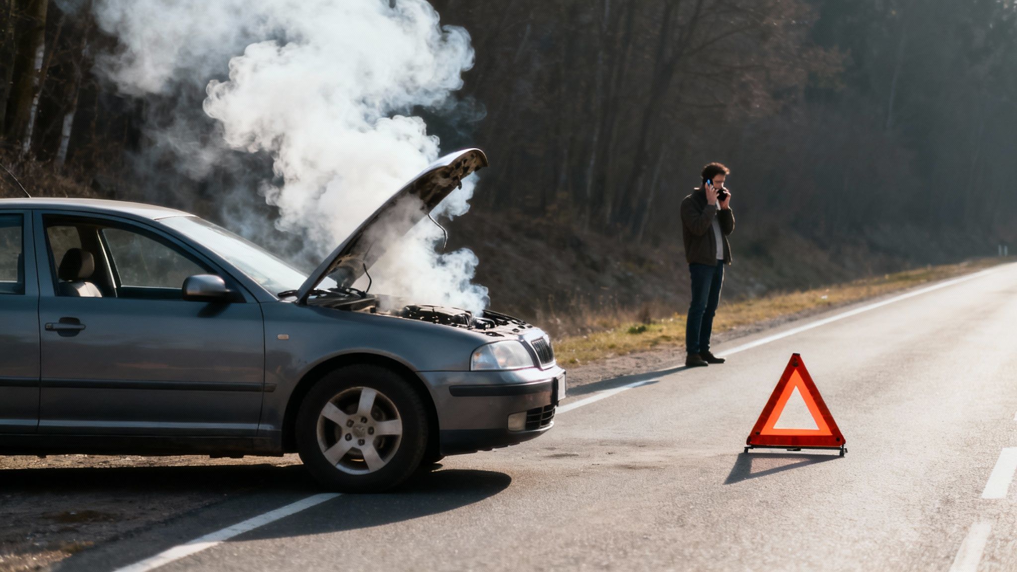 A car pulled over on the side of the road with its bonnet up