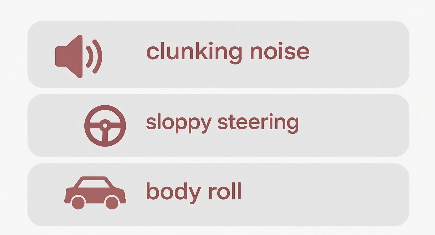 Infographic showing icons for clunking noise, sloppy steering, and body roll as signs of failing anti roll bar bushes