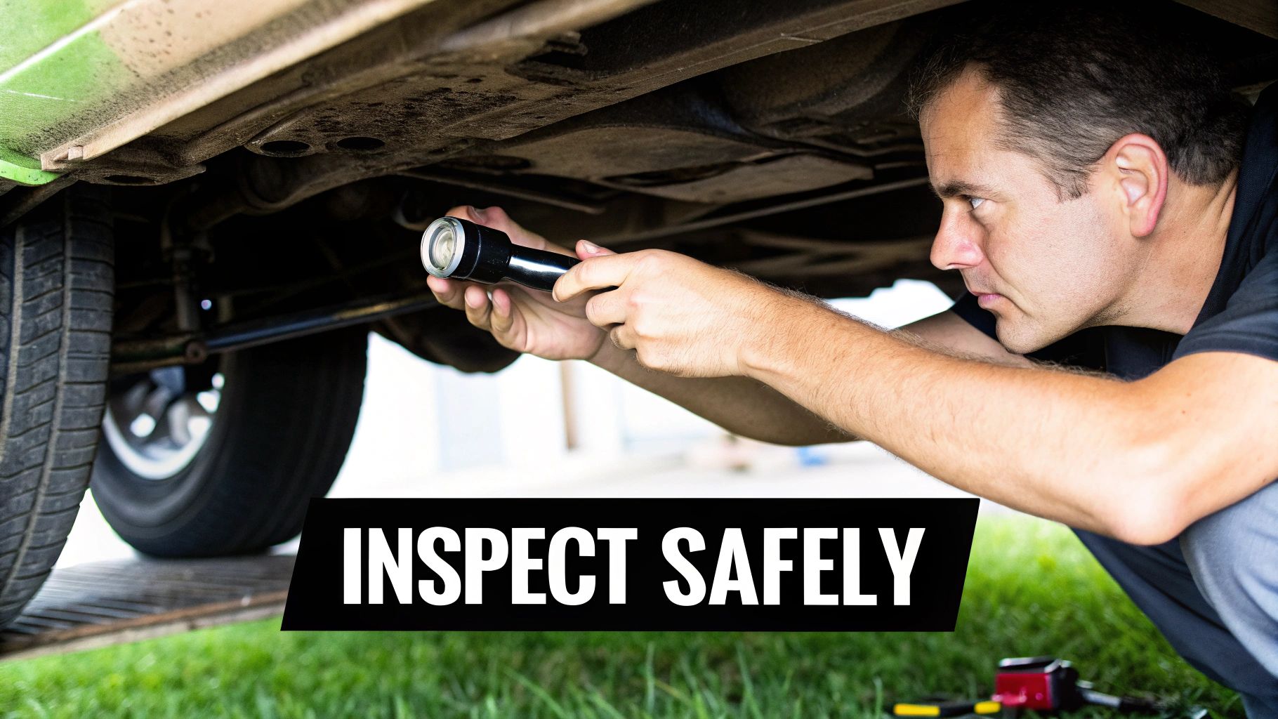 A mechanic inspecting the undercarriage of a car on a lift