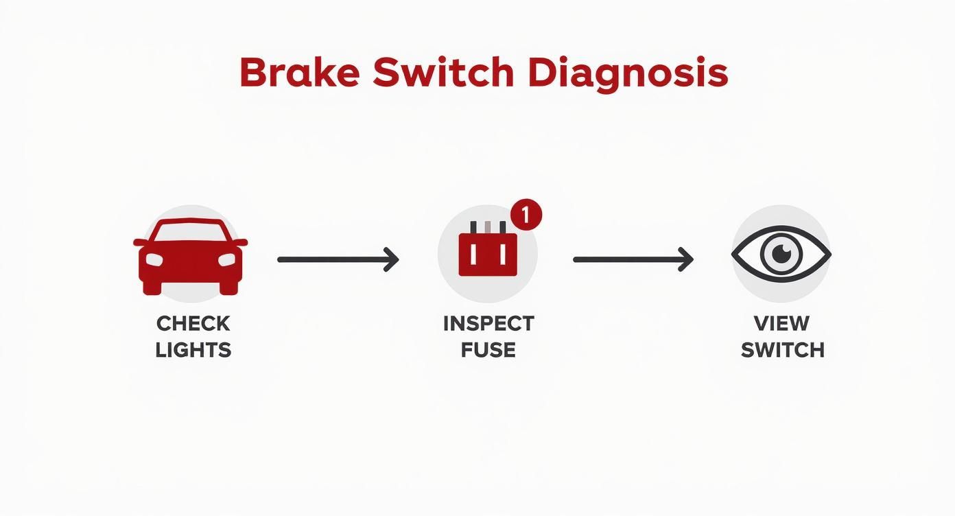 Infographic showing the diagnostic process for a brake light switch, from checking lights to inspecting the fuse and the switch.