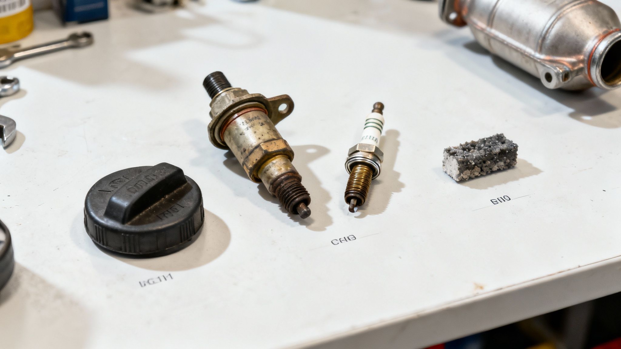 Mechanic examining a car engine with a diagnostic tool