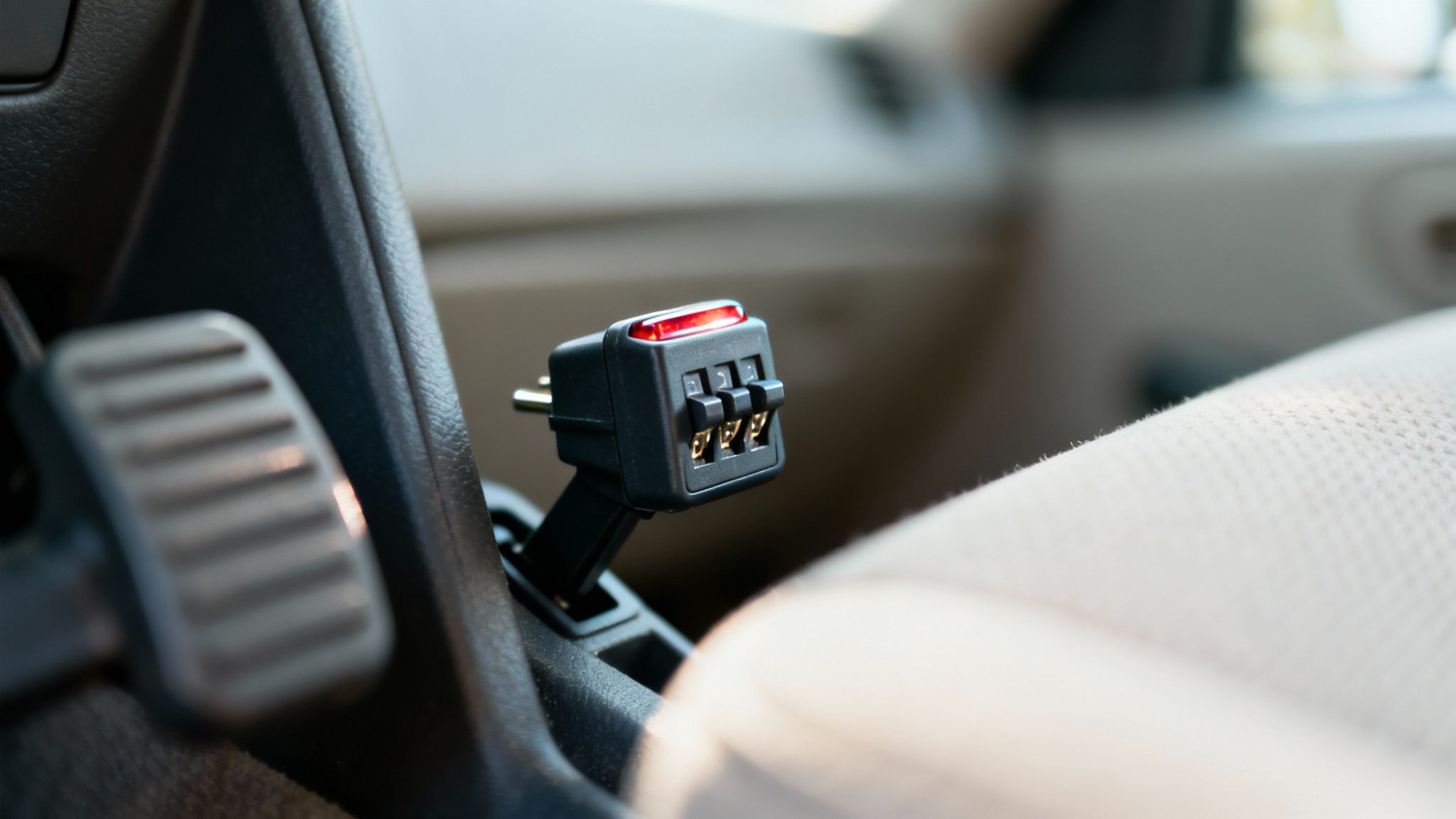A close-up of a brake light switch, a small but critical car component.