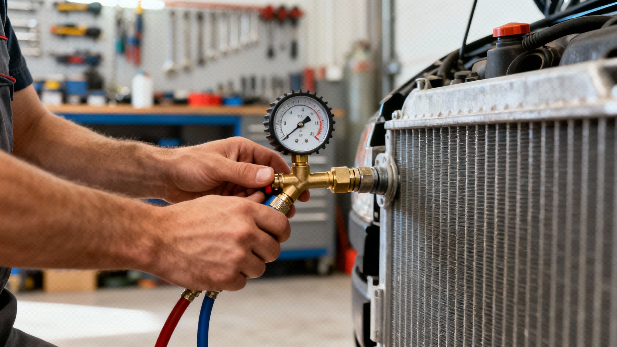 A mechanic inspecting a car engine in a professional garage setting