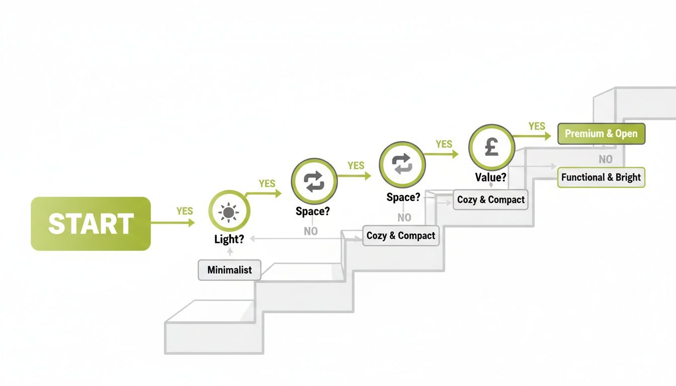 Decision flowchart resembling steps, guiding choices based on light, space, and value, leading to different home design styles.