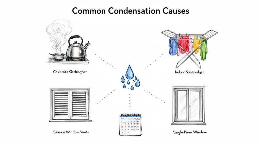 An illustration of common condensation causes, including cooking, drying clothes, window types, and ventilation issues.