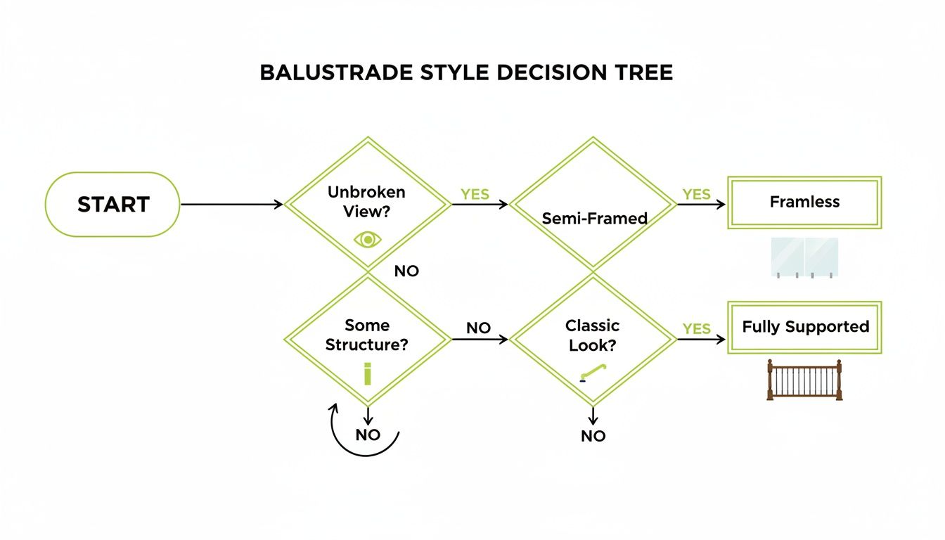 Decision tree flowchart guiding users to select between frameless, semi-framed, or fully supported balustrade styles.