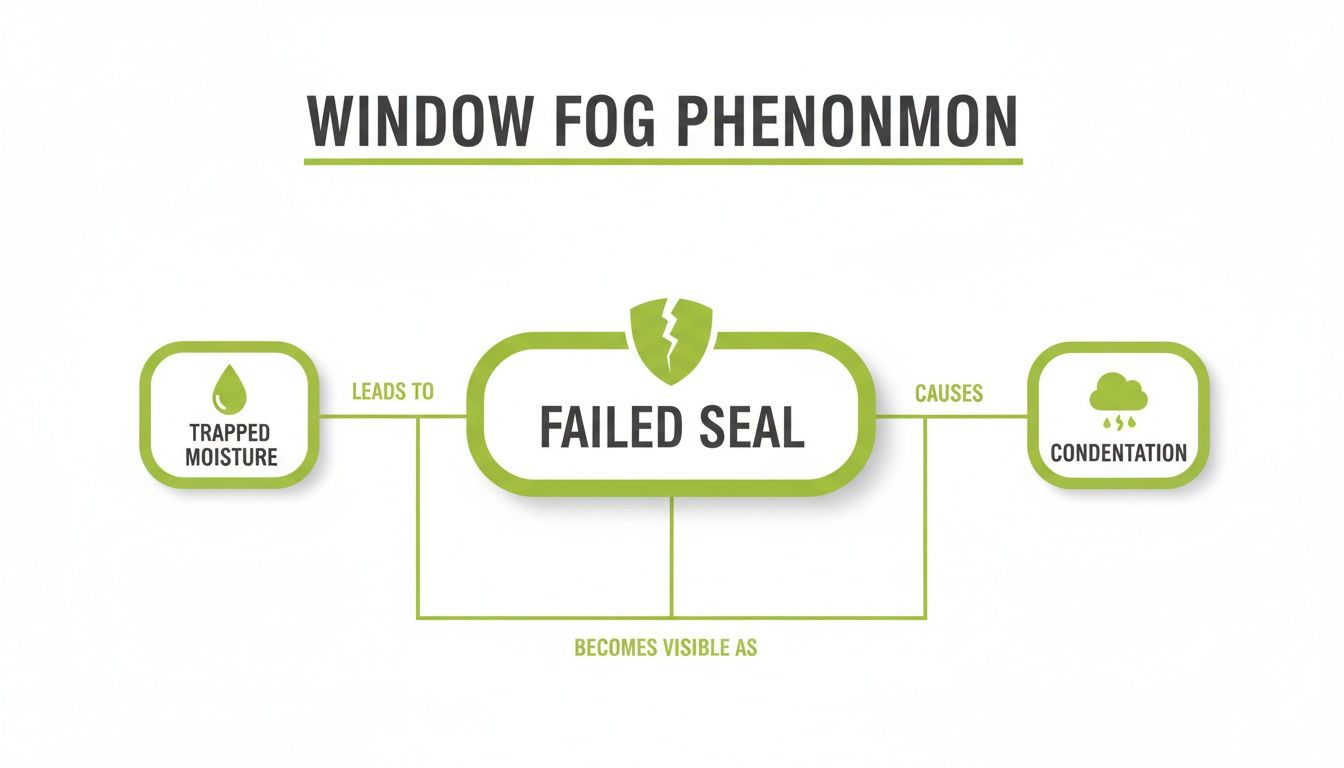 Flowchart explaining the window fog phenomenon, showing trapped moisture leading to a failed seal, which causes condensation.