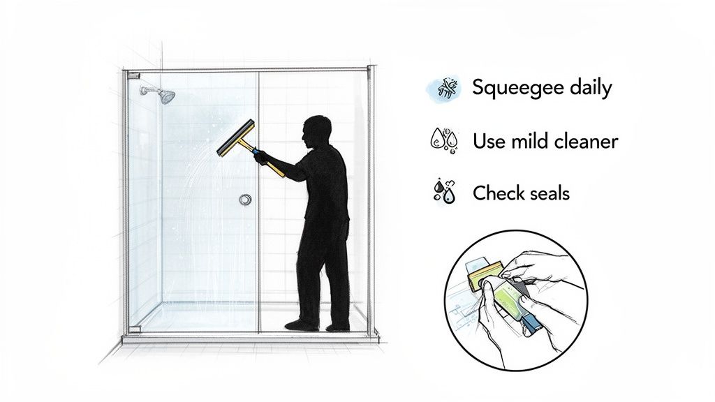 Illustration of a person squeegeeing a shower screen, with tips for daily cleaning and seal checks.
