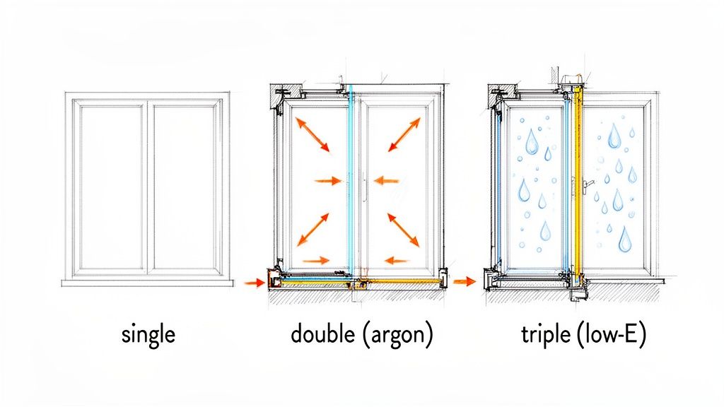 Diagram illustrating single, double (argon), and triple (low-E) glazed window constructions.