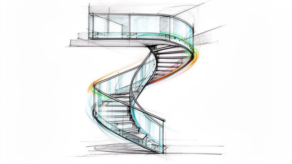 A detailed architectural sketch of a modern spiral staircase with glass railings and colorful design accents.