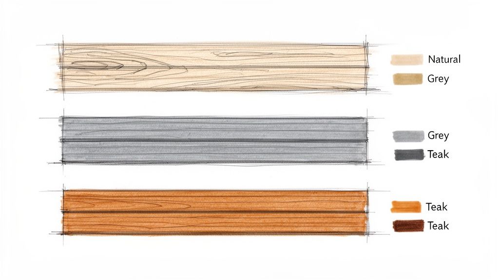 Three samples of wood or composite decking with natural, grey, and teak color swatches.