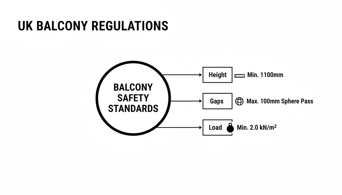 Diagram illustrating UK balcony safety regulations, detailing minimum height, maximum gap, and minimum load standards.