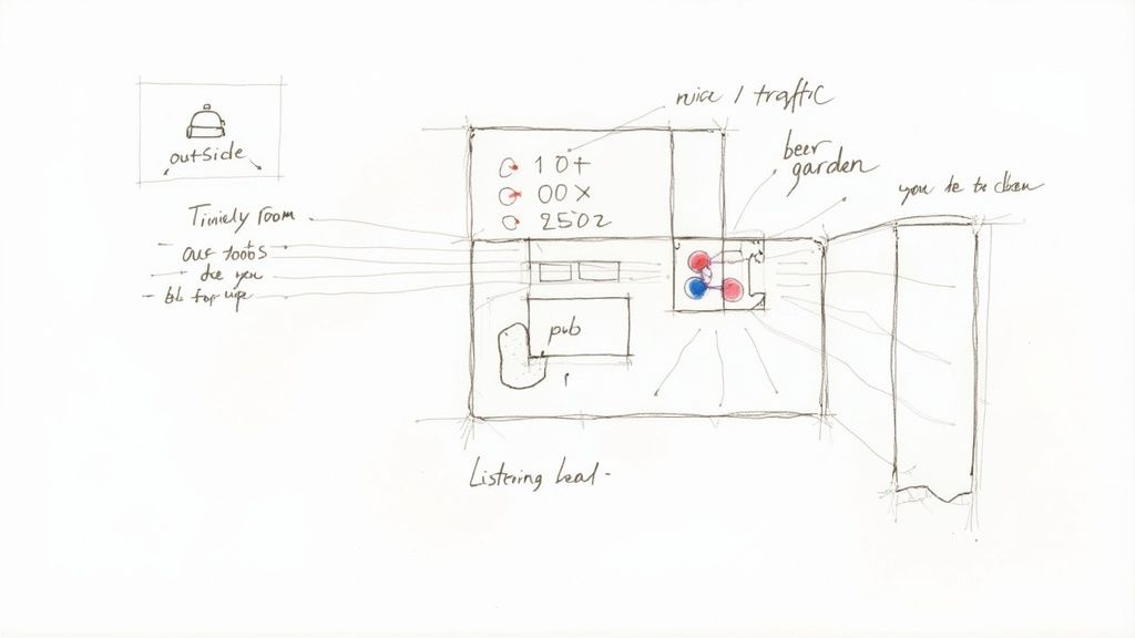 Hand-drawn pub layout sketch illustrating sound paths, traffic noise, and room annotations.
