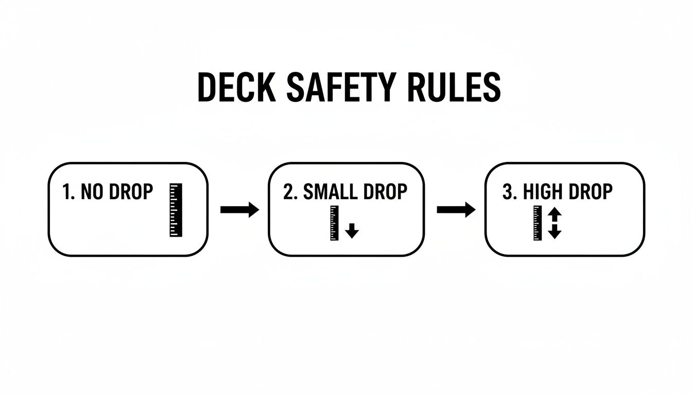Diagram illustrating deck safety rules: No drop, Small drop, and High drop with ruler icons.