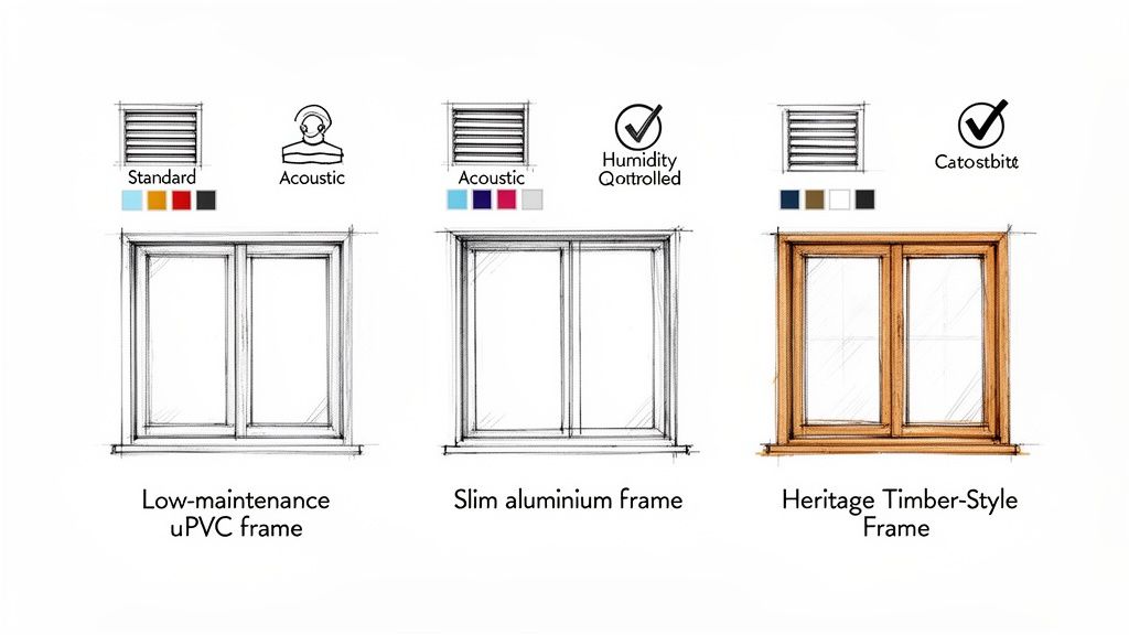 Three types of double-glazed window frames: uPVC, aluminium, and timber, with various ventilation options.